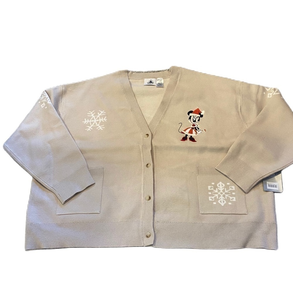 Disney Minnie Mouse Christmas Cardigan Sweater NEW 2X Tan V-neck Candy Cane